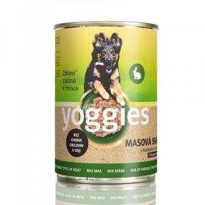 Yoggies konzerva pro psy s masovou směsí (kuře, vepřové, hovězí) králíkem a hráškem 1200g